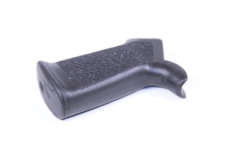 AR-15 black pistol grip with ergonomic design, textured for enhanced handling and comfort.