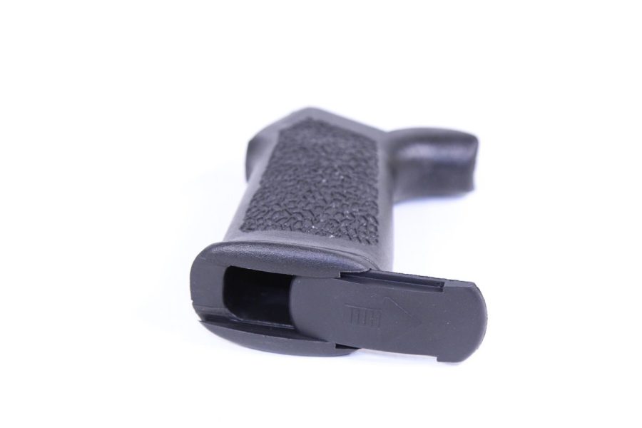 Black ergonomic polymer pistol grip with stippled texture against white background for enhanced firearm handling.