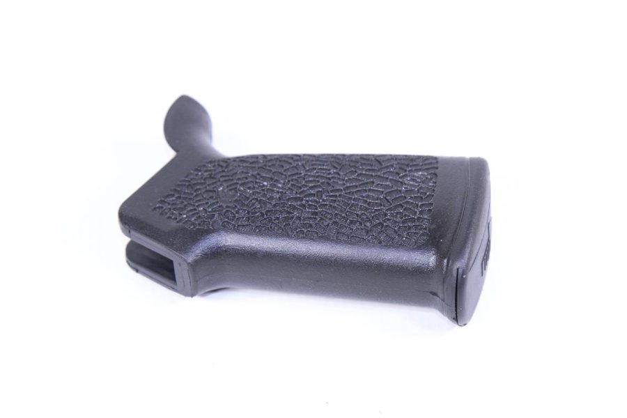 Ergonomic matte black polymer pistol grip with textured surface for modular firearms.
