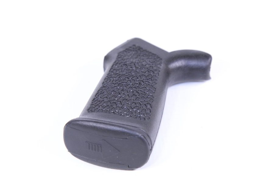 Textured black polymer pistol grip for AR-style rifles with ergonomic design and manufacturers logo.