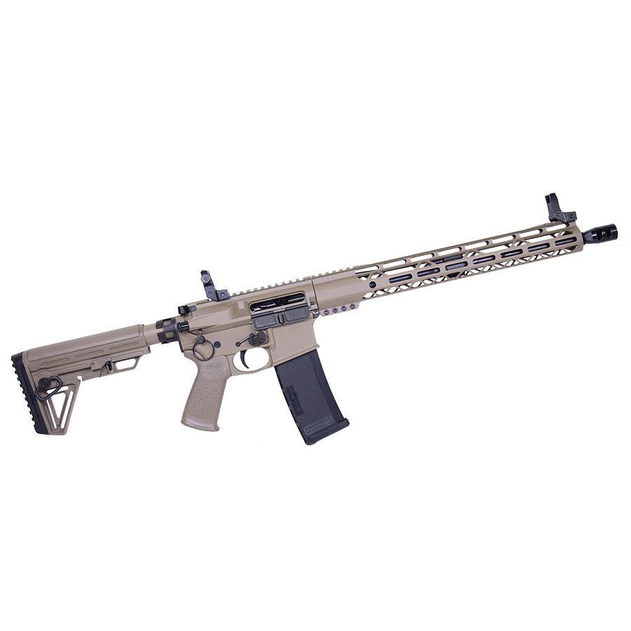 FDE AR-15 style rifle with custom tactical features, collapsible stock, and M-LOK rail system.