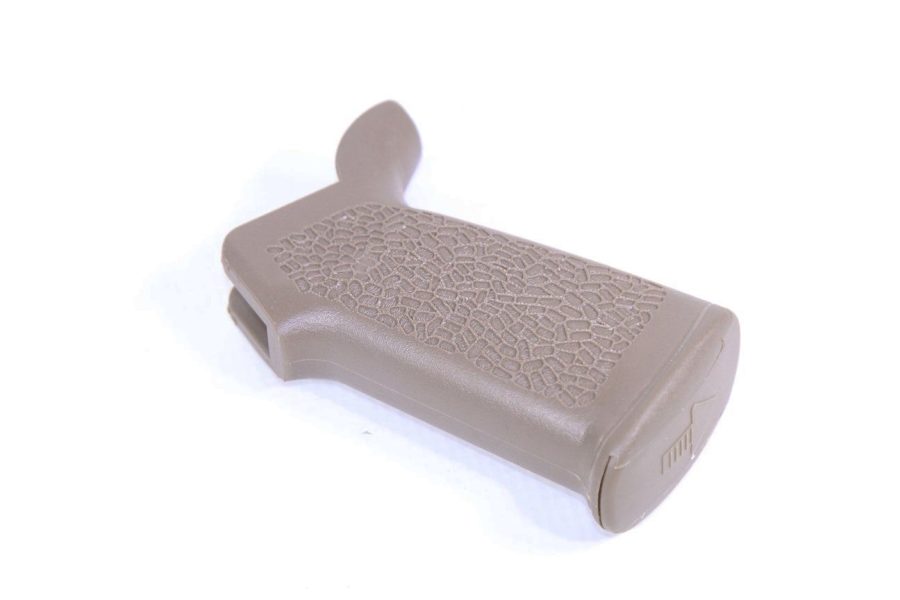 Matte tan ergonomic AR-15 grip with textured surface for enhanced control and durability.