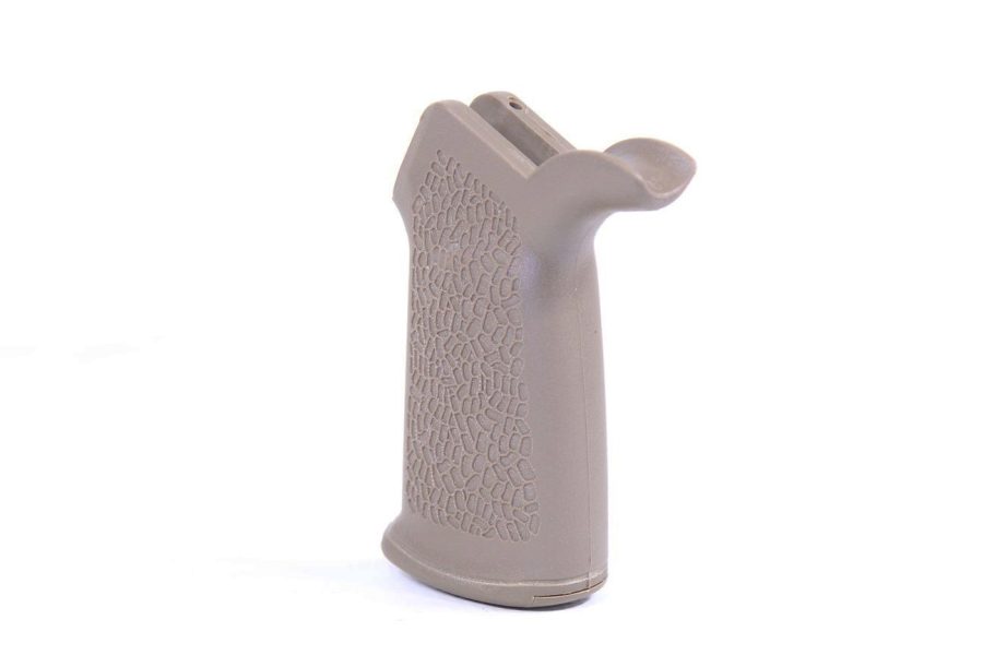 Ergonomic tan AR-15 pistol grip with stippling for improved control and customized fitting.