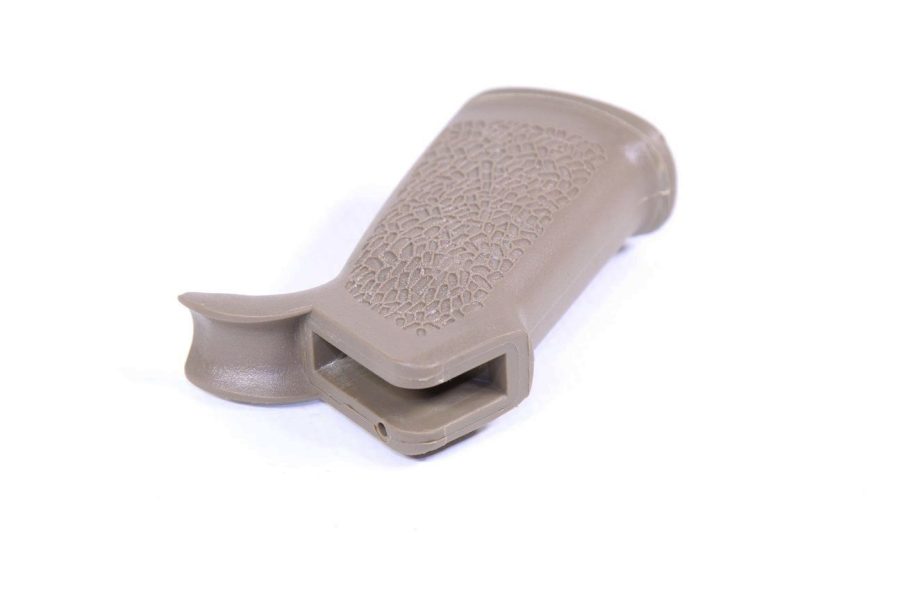 Tan AR-15 pistol grip with ergonomic design, textured surface, and storage compartment for tactical use.