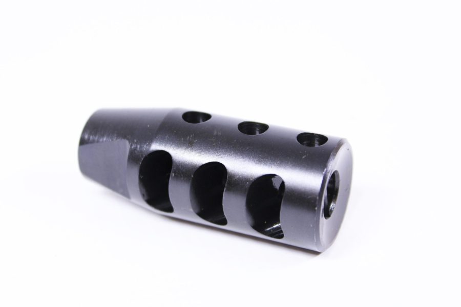 Matte stainless steel muzzle brake with precision ports, reduces firearm recoil and improves shooting control.