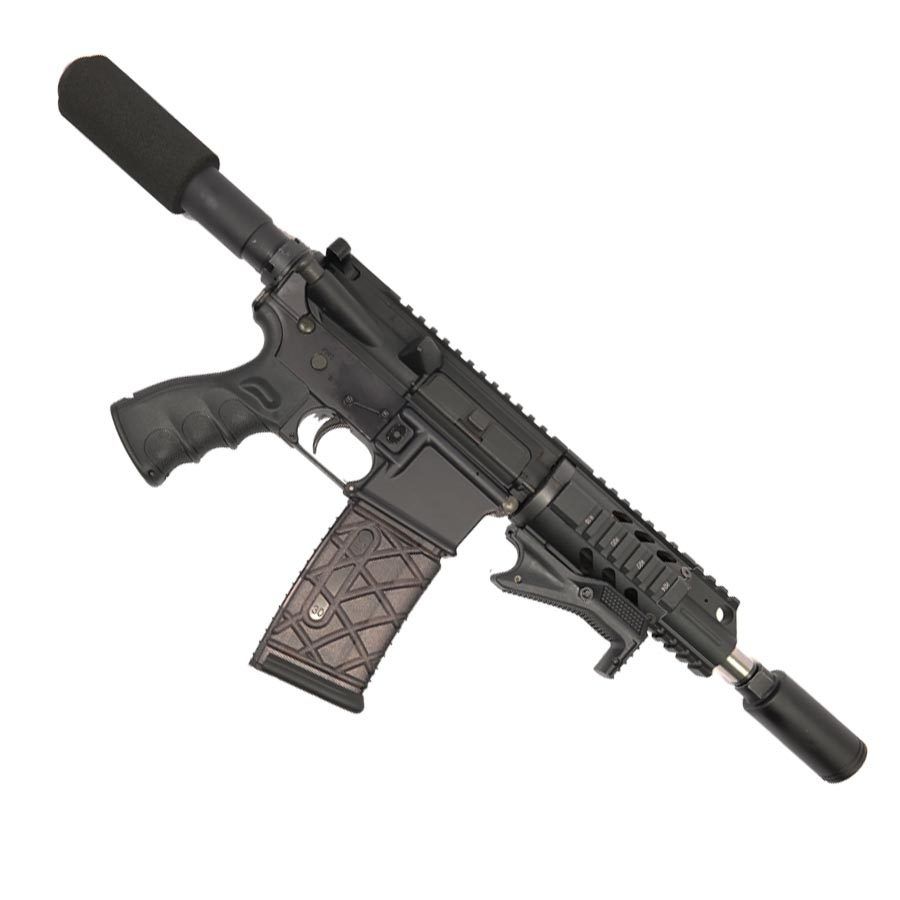 Compact matte black AR-style firearm with suppressor, textured grip, custom magazine, and collapsible stock.