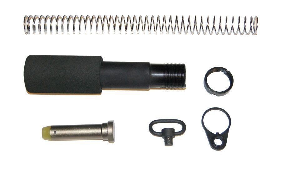 AR-15 buffer tube kit with spring, tube, retainer pin, and sling mount.