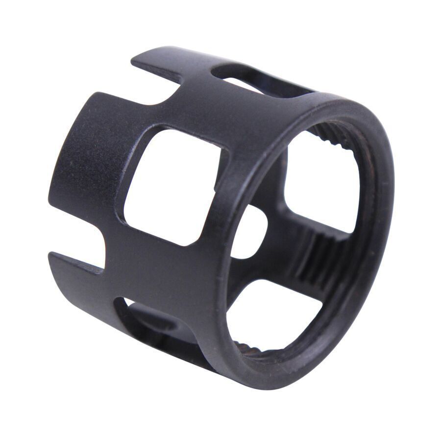 Tactical flashlight bezel with anodized aluminum, cutouts, and strike edge for emergency use.