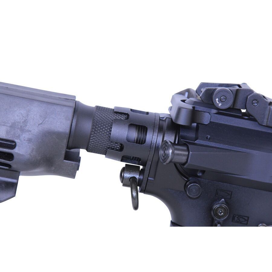 Close-up of AR-style rifle buffer tube and stock showcasing matte black modular design.