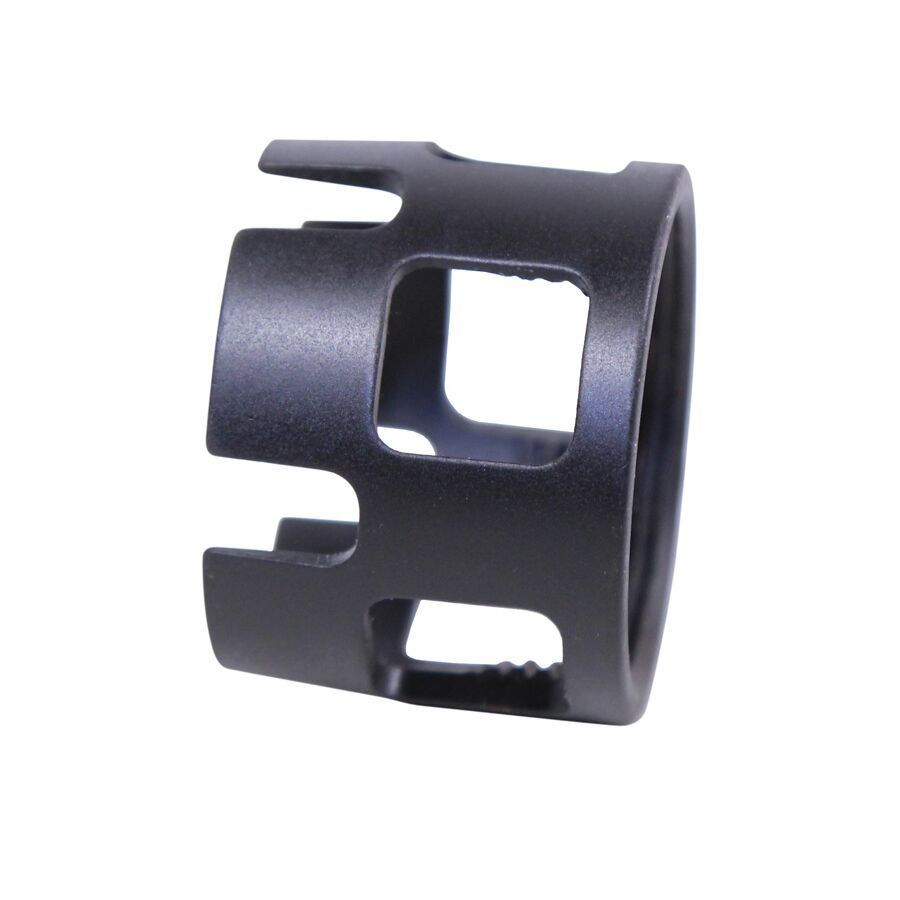 Precision-machined black cylinder with cut-outs, ideal for industrial mounting or connecting applications.