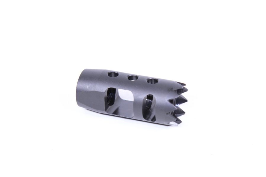 Steel muzzle brake with ports, prongs, and matte finish reduces rifle recoil and muzzle rise.