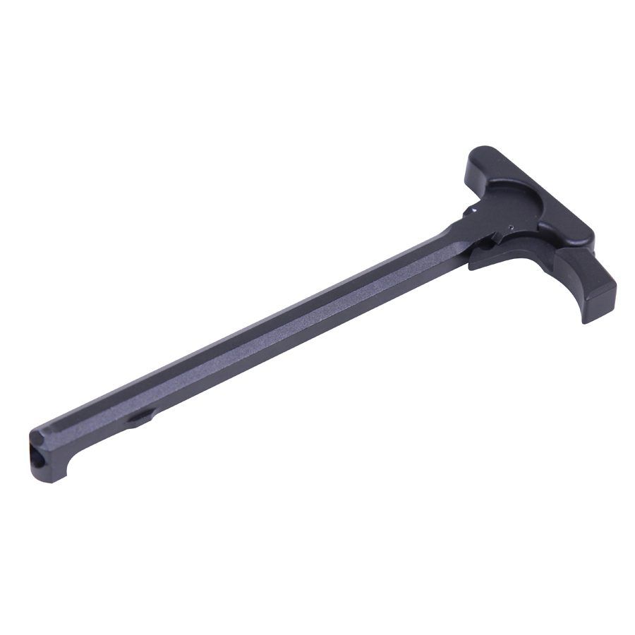Standard black AR-15 charging handle, T-shaped, anodized aluminum, ergonomic grip for reliable firearm operation.