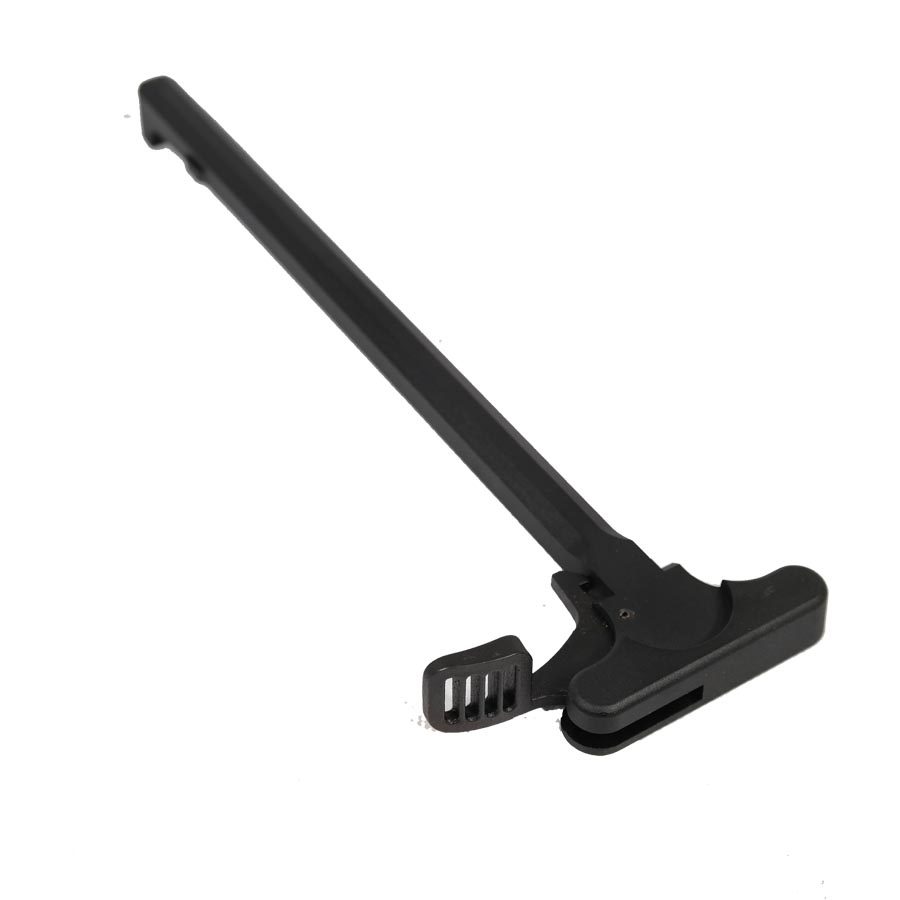 Extended black charging handle for AR-15 rifle, with enlarged latch for tactical use.