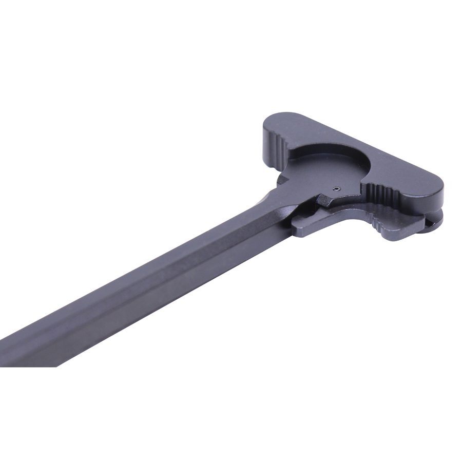 AR-15 charging handle; dark matte finish, T-shaped, extended latch, ergonomic grip, precision machined.