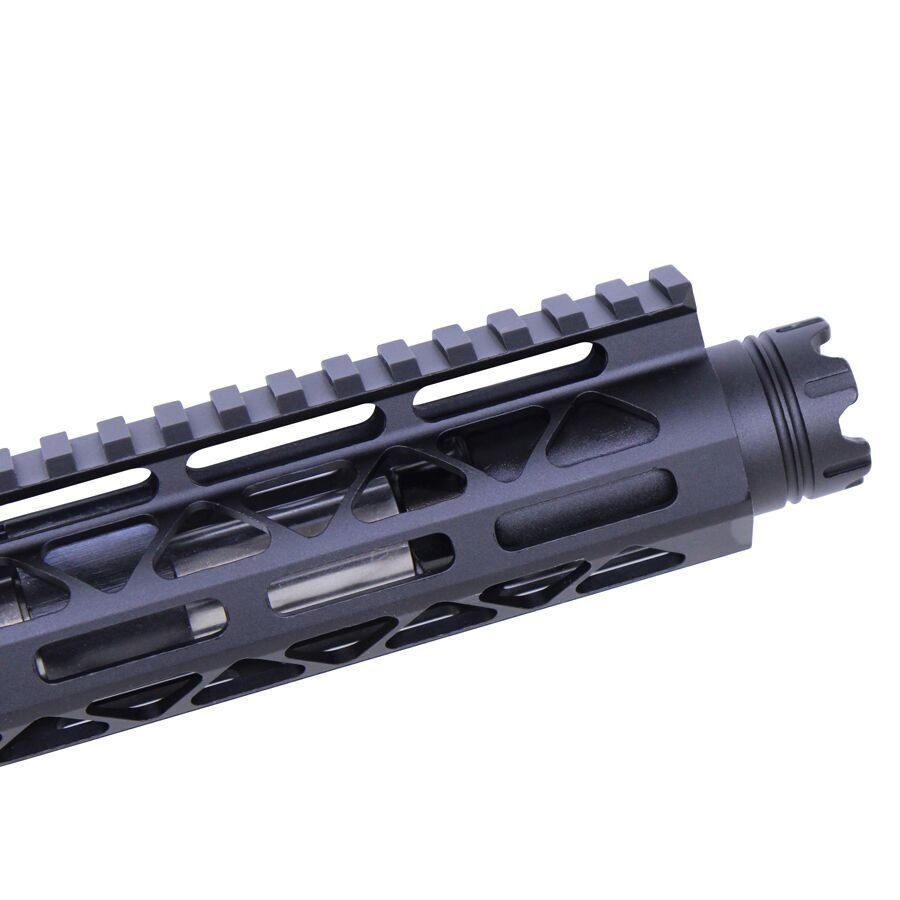 Black anodized aluminum firearm handguard with Picatinny rail and M-LOK slots for tactical accessories.