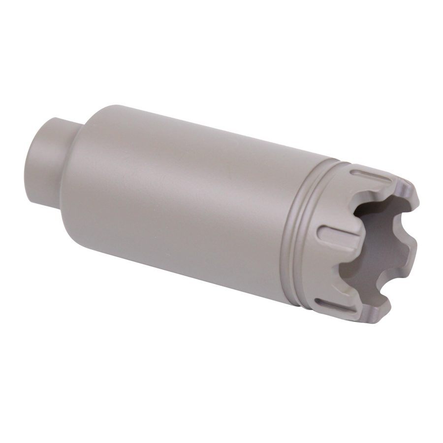Precision-machined cylindrical flash hider with crown-shaped prongs, designed for firearm recoil management.