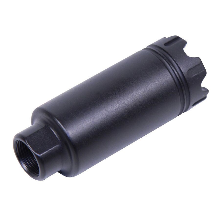 Matte black flash hider, reduces flash and recoil; precision-made for firearm barrels.