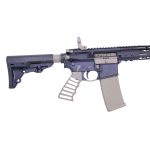 Matte blue-gray AR-15 with tan accents, tactical rail, ribbed grip, and collapsible stock.