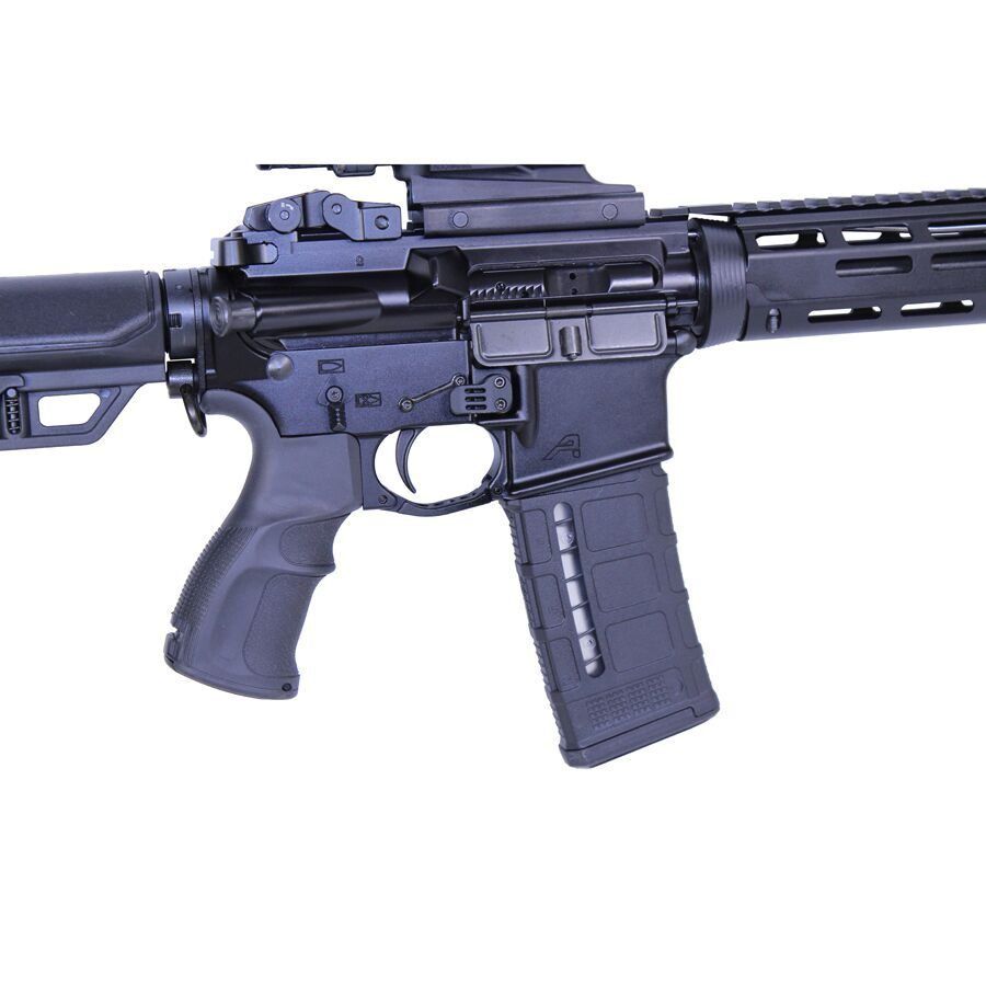Close-up of matte black AR-15 rifle, highlighting modular design and tactical accessories.