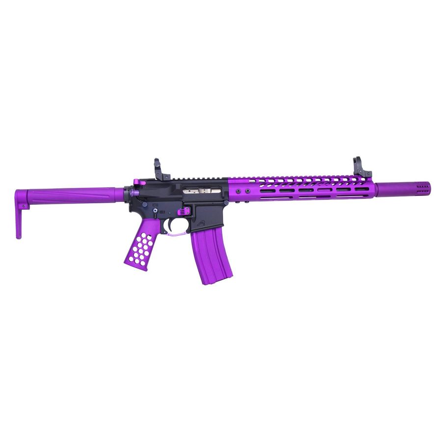 Custom purple assault-style rifle with black accents and tactical design elements.