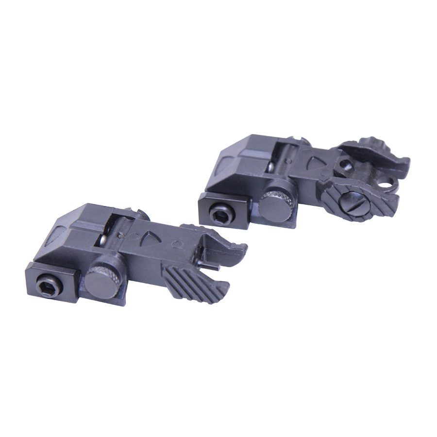 Tactical folding iron sights: durable, adjustable, Picatinny-compatible backup for rifles.