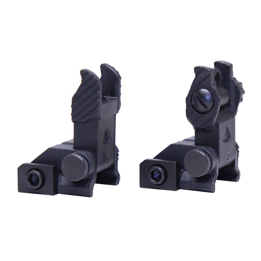 Matte black flip-up rifle sights with foldable front and rear peep sights for tactical backup.