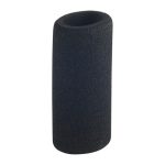 Black foam microphone windscreen cover reduces noise and enhances audio clarity.