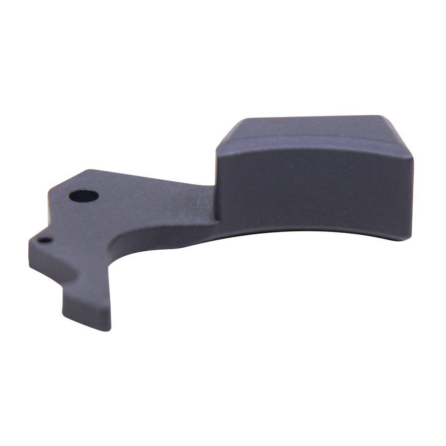 Ergonomic matte black extended magazine release lever with curved design and mounting hole for firearms.