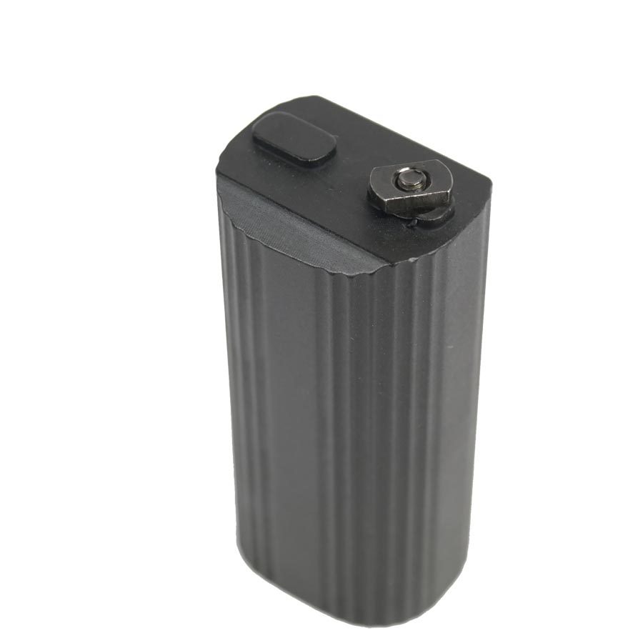 Rugged black cylindrical battery with ribbed design, ideal for professional cameras or power tools.