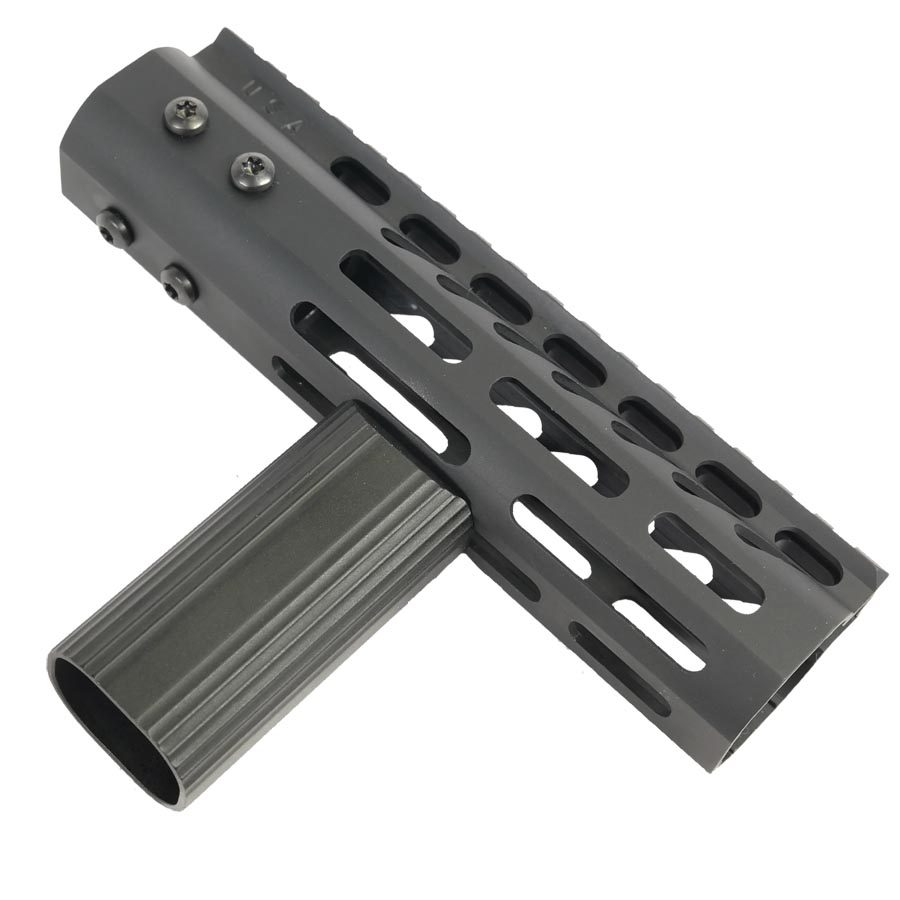 Lightweight black rifle handguard with cutouts and accessory attachment, optimal for AR-platform rifles.