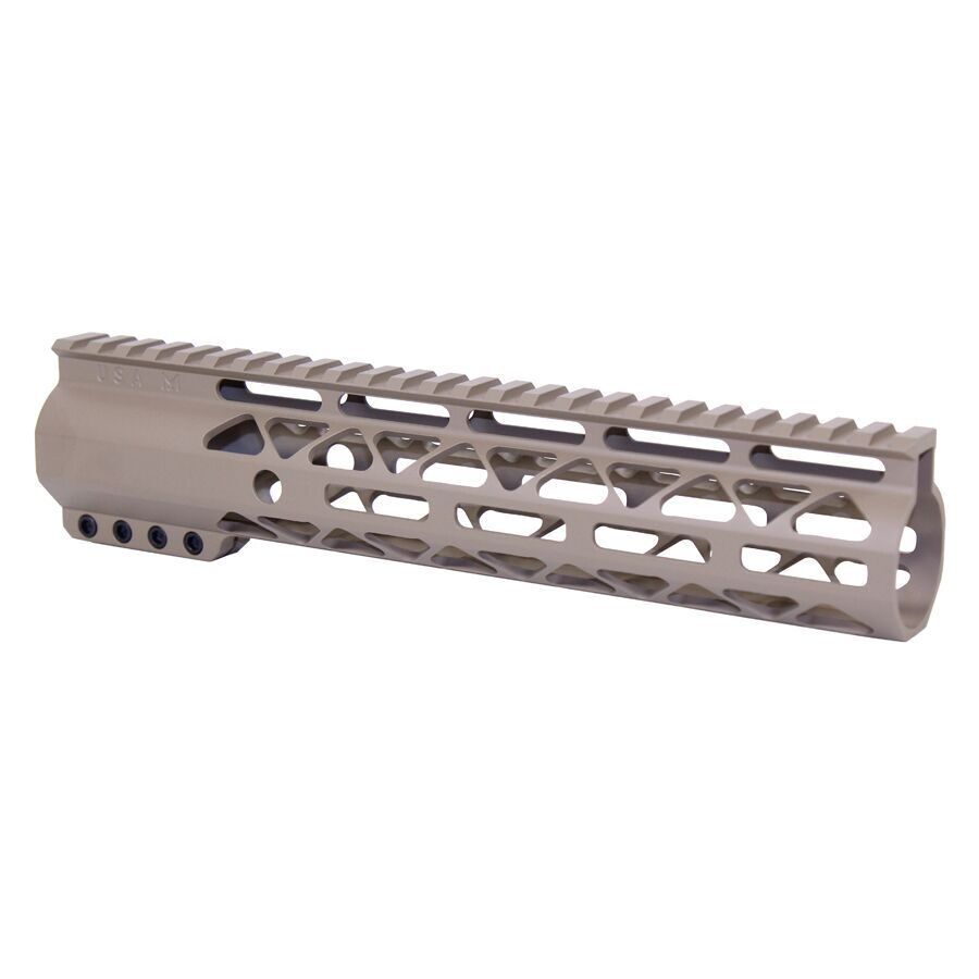 Tactical rifle handguard in FDE with Picatinny rail and M-LOK slots for accessory attachment.