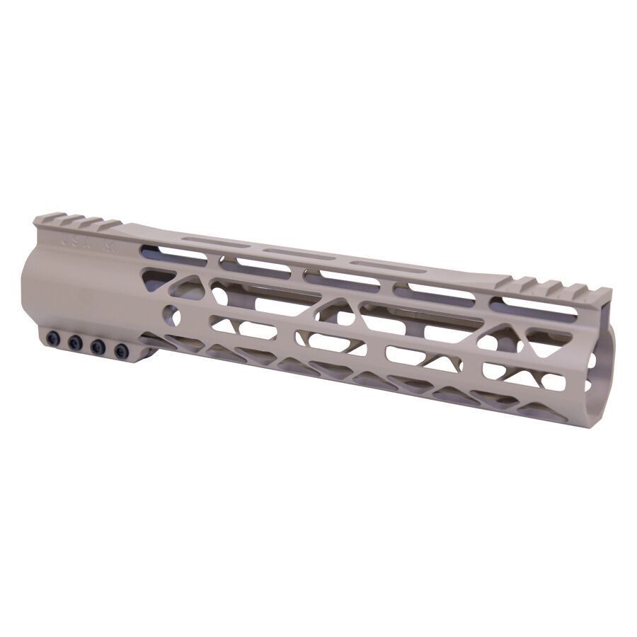 Lightweight FDE AR-15 handguard with M-LOK slots for accessories, enhancing durability and versatility.