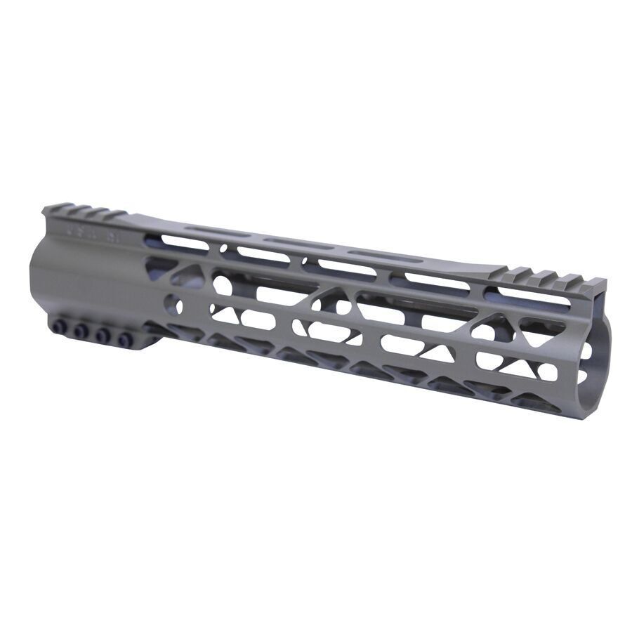 Gunmetal gray AR handguard with M-LOK, Picatinny rail, ventilation slots for accessory mounting.