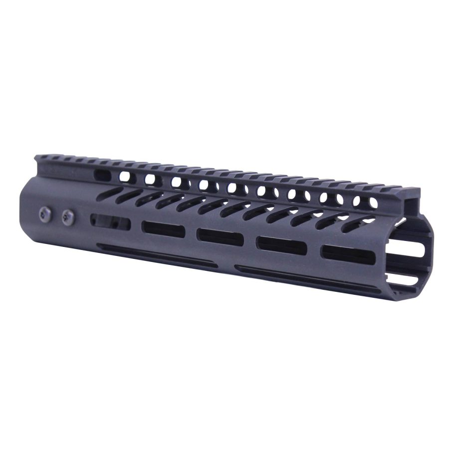 Matte black aluminum handguard rail with picatinny and M-LOK slots for firearm accessory mounting.