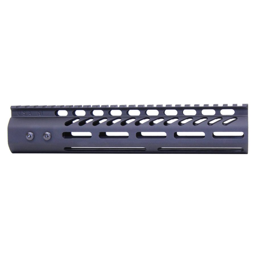 Black tactical rifle handguard featuring Picatinny and M-LOK rails, aluminum construction, enhances accuracy.
