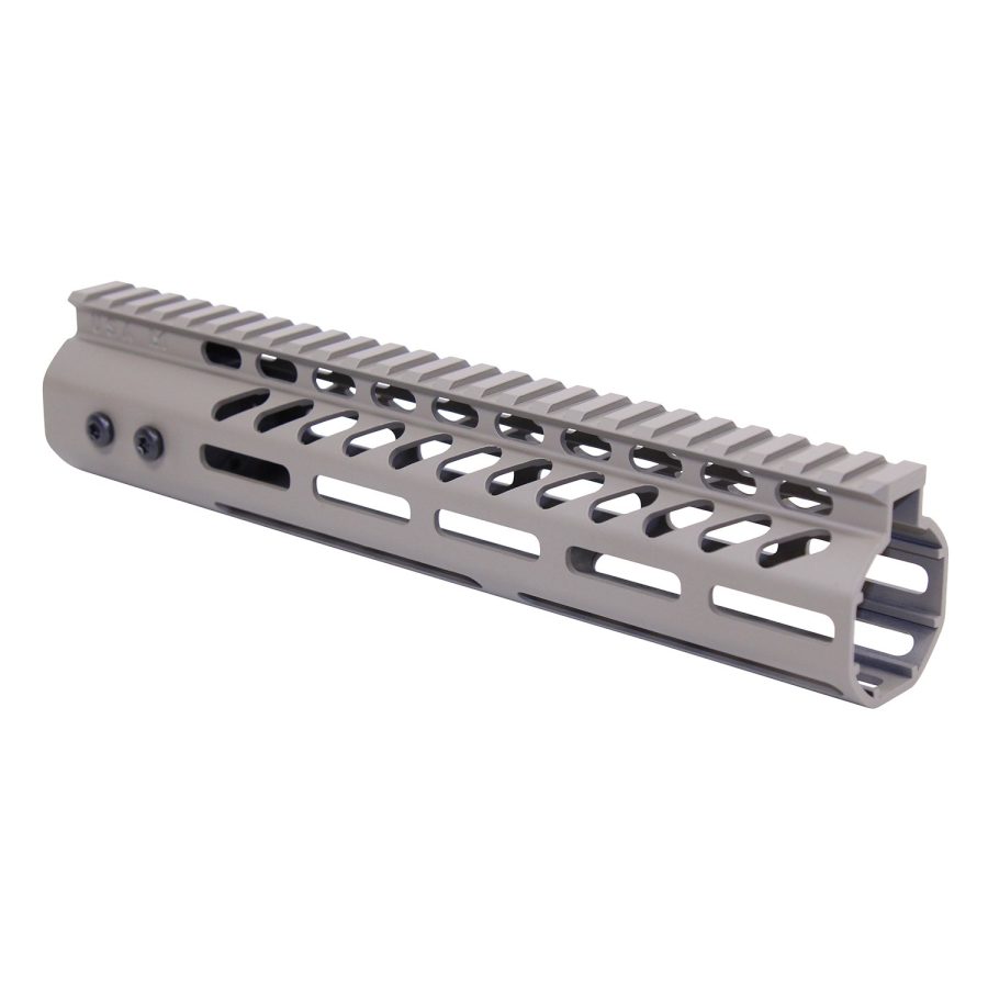 Tactical rifle handguard with M-LOK and Picatinny rails, FDE finish, for accessory mounting.