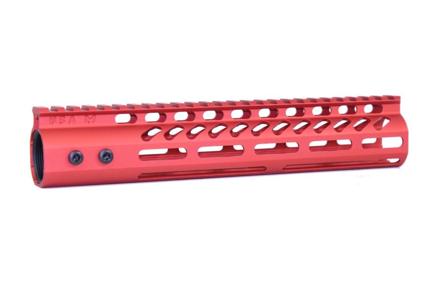 Vibrant red AR-15 handguard with M-LOK slots and diagonal ventilation patterns.