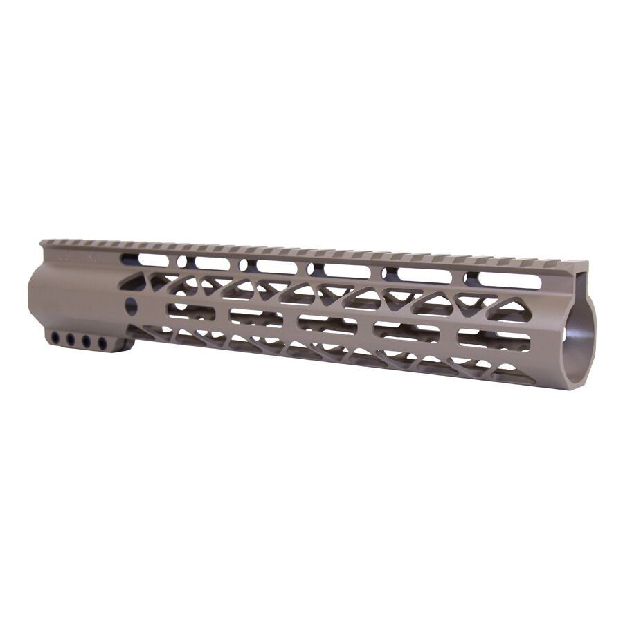 Lightweight FDE tactical rifle handguard with skeletonized design, M-LOK slots, and Picatinny rail.