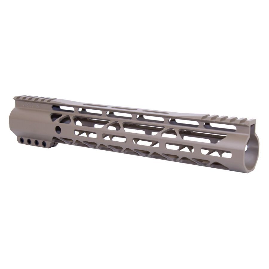 Tan M-LOK AR-15 handguard with lightweight, ventilated design for customization and heat management.