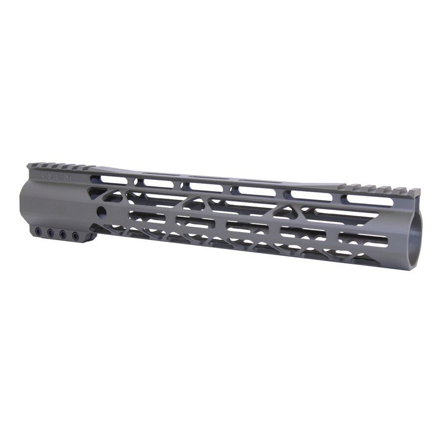 AR-15 M-LOK matte gray handguard with Picatinny rail, designed for customization and accessory mounting.
