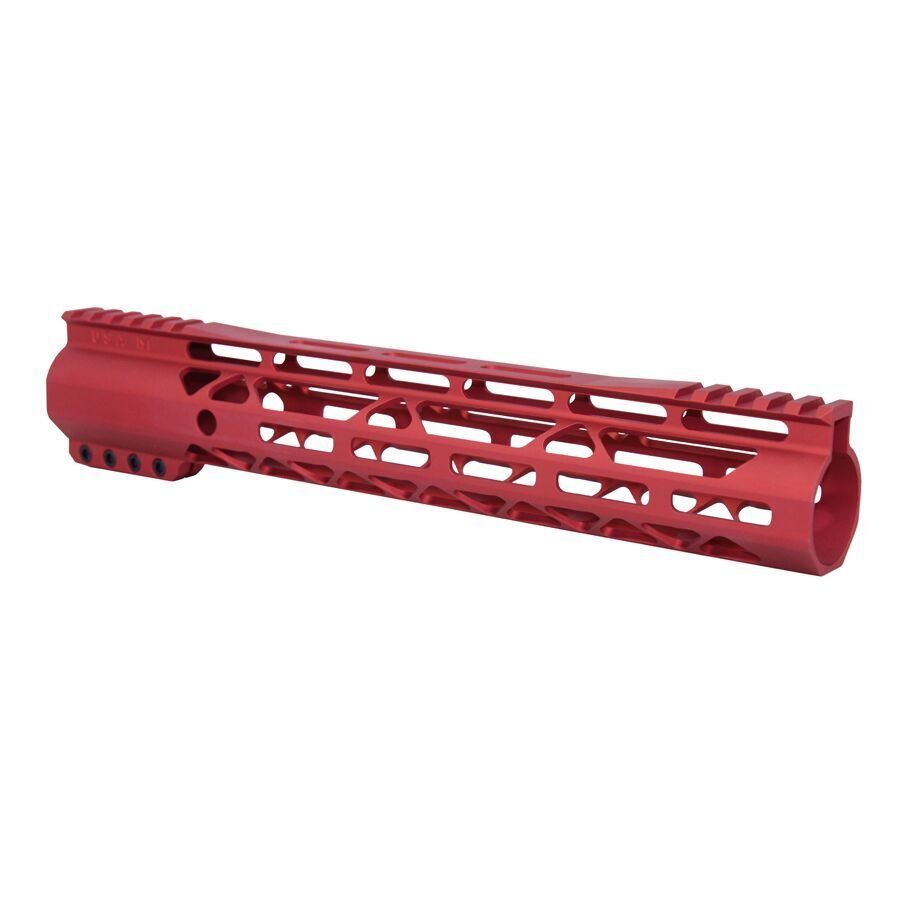 Red anodized aluminum rifle handguard with Picatinny rail and ventilation cutouts for customization.
