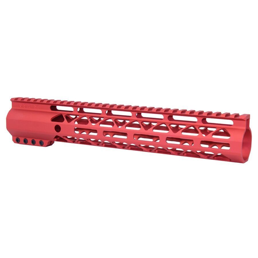Red anodized rifle handguard with Picatinny rail and honeycomb ventilation for customization.
