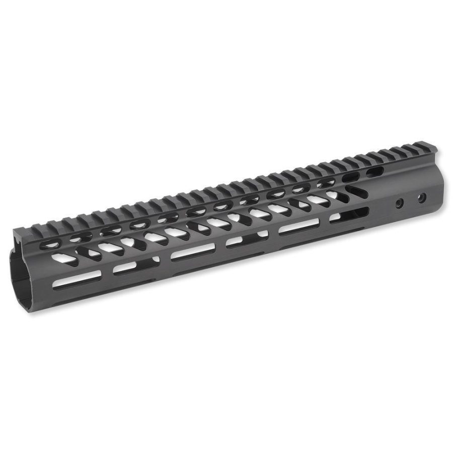 Black aluminum rifle handguard with Picatinny rail and M-LOK slots for accessory attachment.