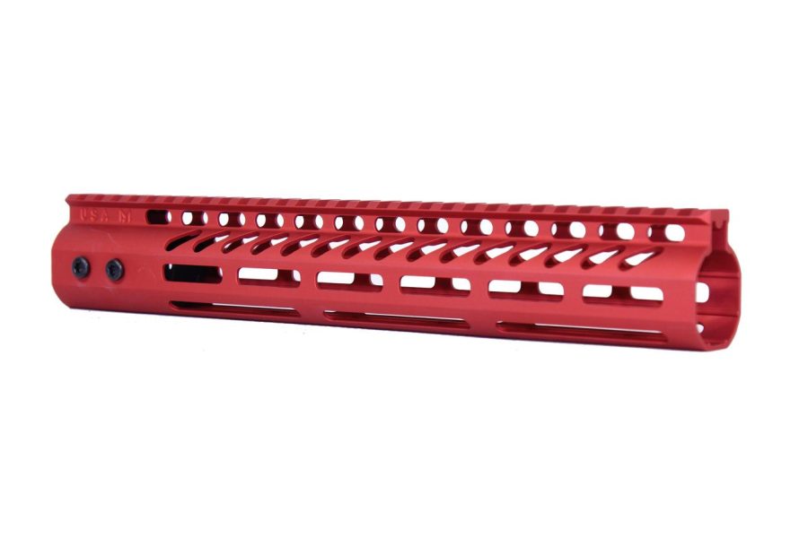 Bright red AR-15 handguard with KeyMod/M-LOK cutouts and Picatinny rail for accessories.