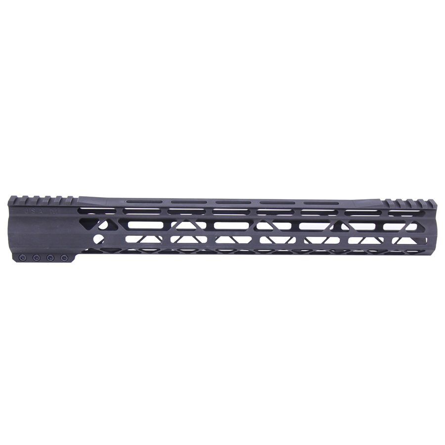 Black M-LOK handguard with geometric cutouts for accessory mounting on AR-15 rifles.