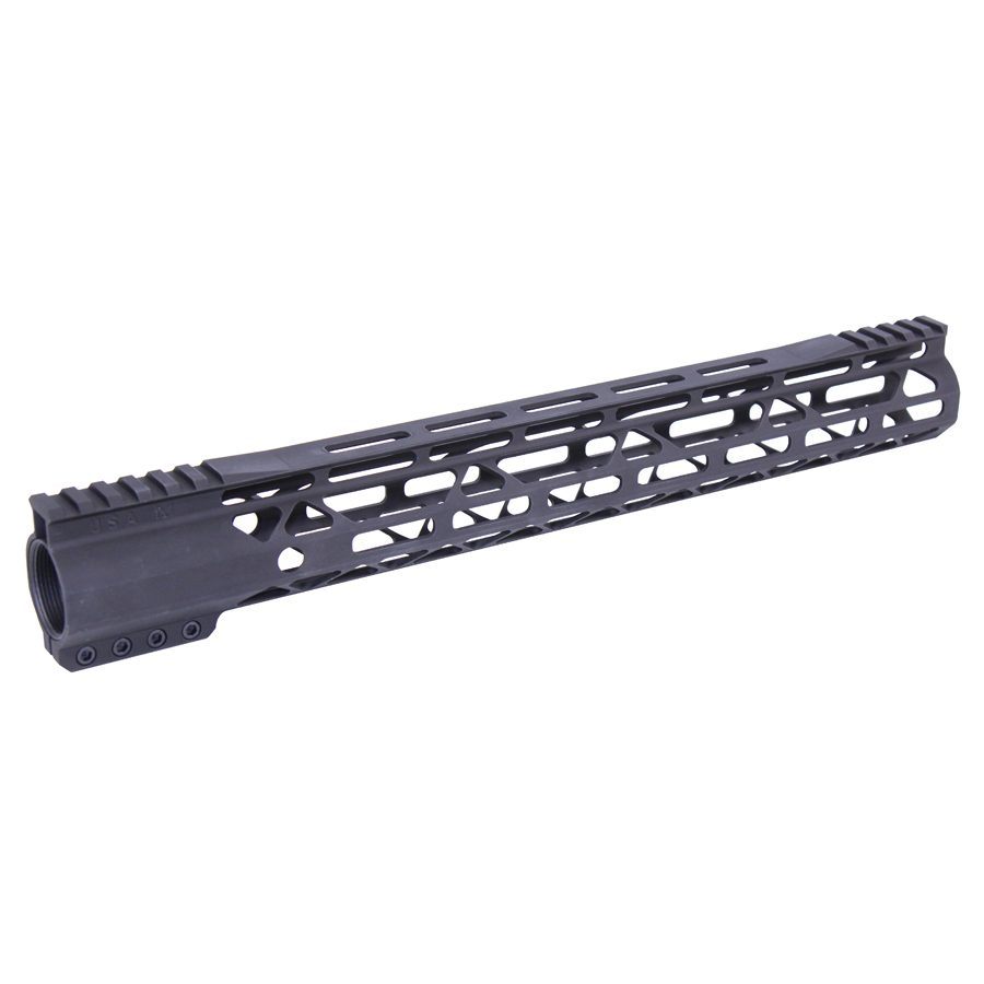 Matte black tactical rifle handguard with lattice design and Picatinny rail for accessories.