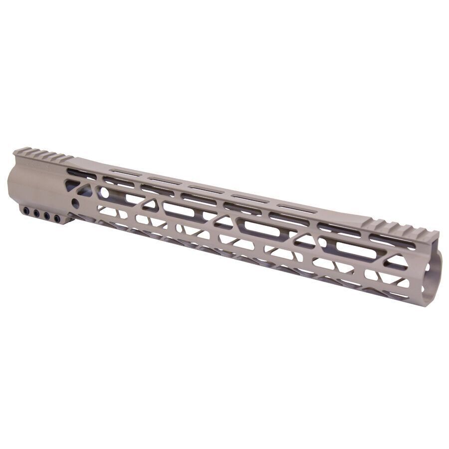Lightweight aluminum AR-15 handguard with M-LOK slots, geometric cutouts, and tactical accessory compatibility.