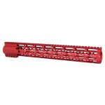 Red M-LOK rifle handguard with anodized finish, lightweight design, and accessory attachment slots.