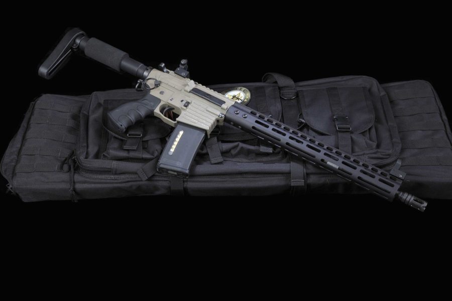 Tan AR-style tactical rifle on black case, featuring optic and modular rail system.