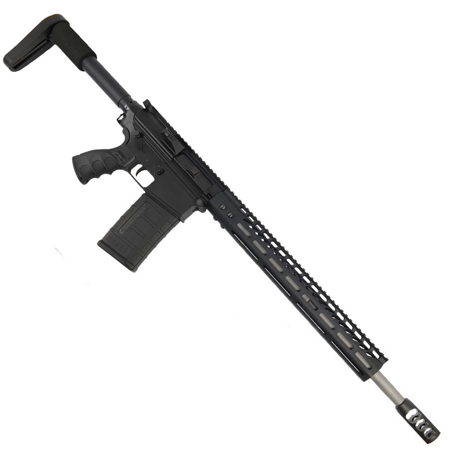 Modern semi-automatic rifle with rail attachments and ergonomic design for tactical versatility.